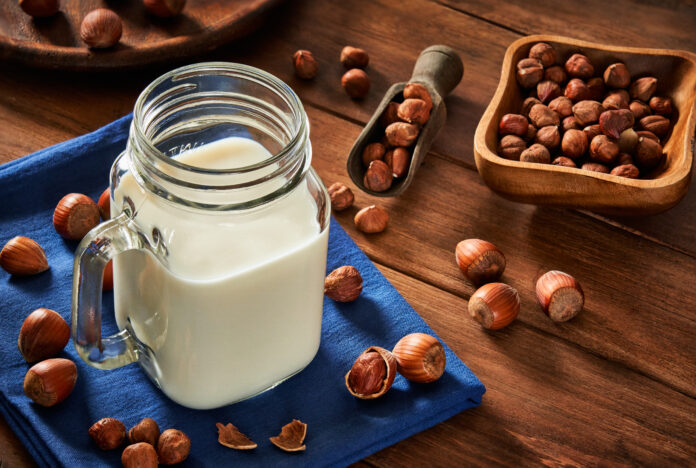 Non-dairy hazelnut milk on rustic wooden table