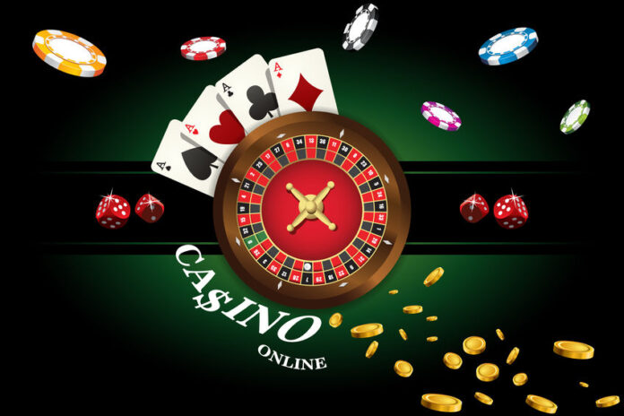 Casino background with roulette, dice, casino chips, playing cards for poker Vector illustration